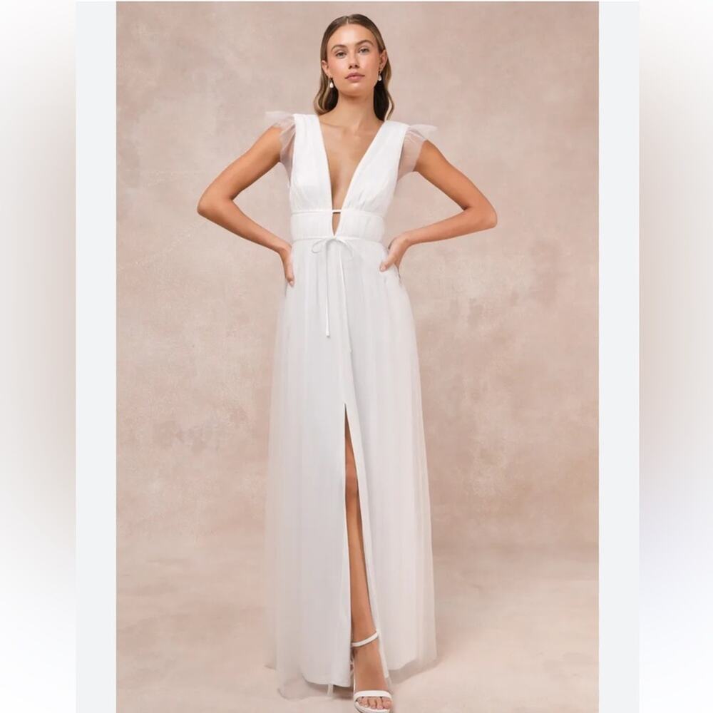 Lulu's White Maxi Dress with Plunging V-Neck